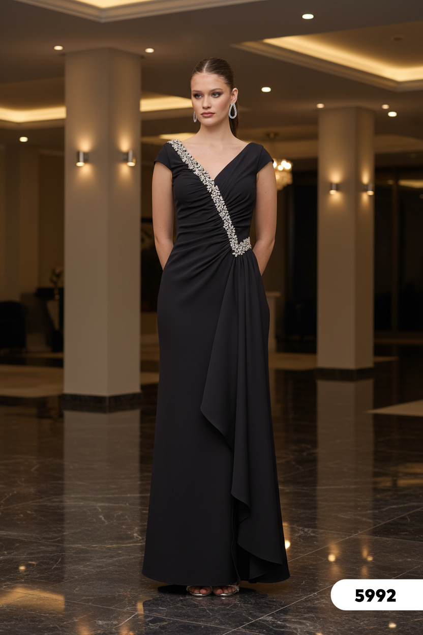 Abendkleid Elegantes Abendkleid mit Drapierung & Schmuckdetail – C5992 in Blau – Ansicht 1 | Lamia Mode