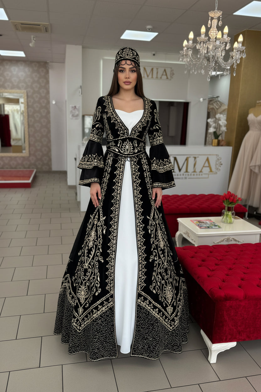 Kaftan „Mira“ – Luxus Bindallı Set in Schwarz mit Goldstickerei (4-teilig)