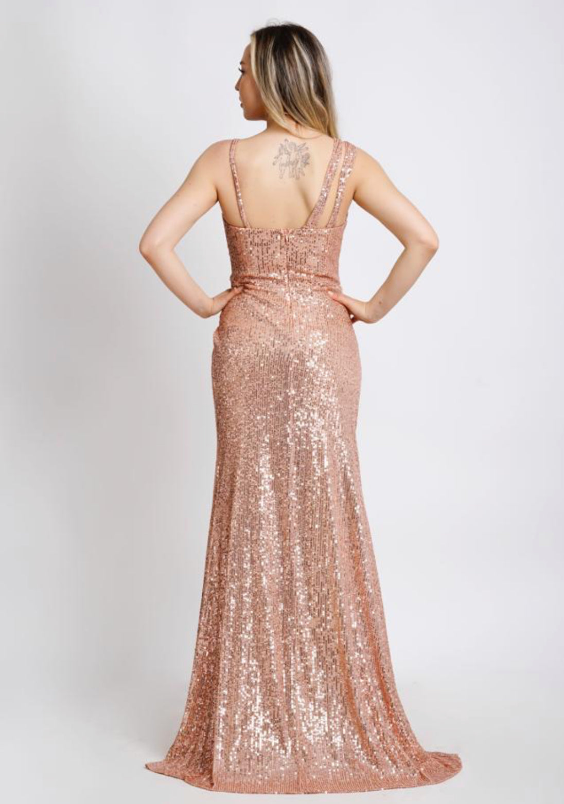 Abendkleid M160 – Prinzessinnen-Silhouette und Beinschlitz in Kupfer – Ansicht 3 | Lamia Mode