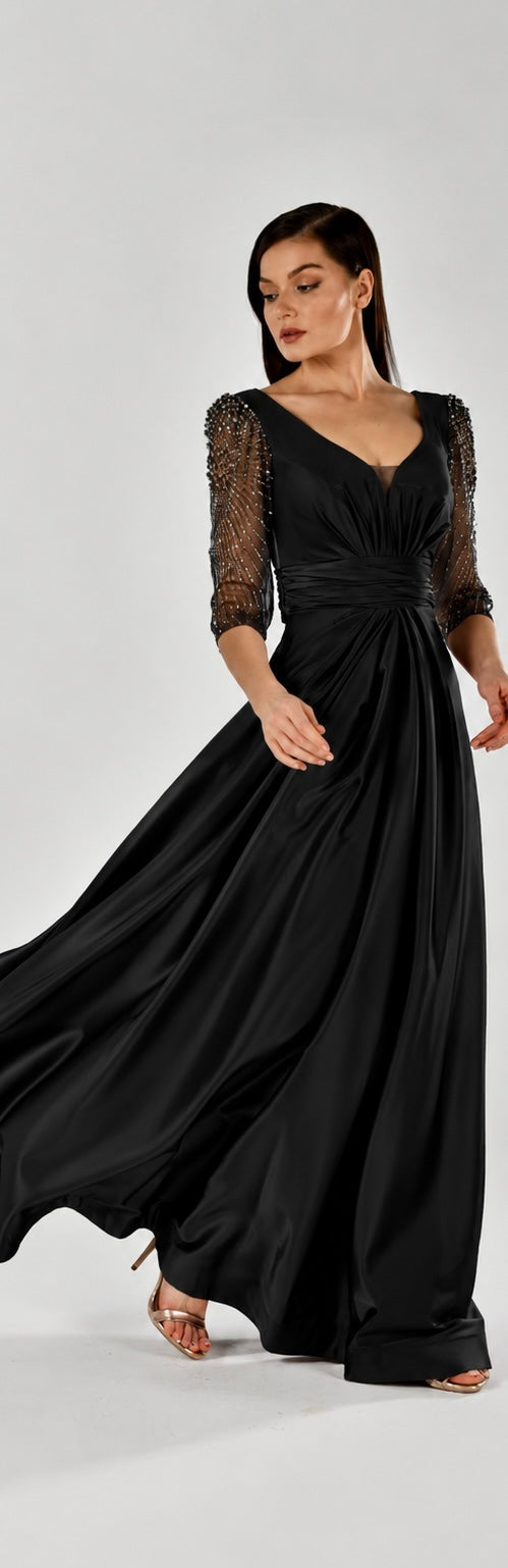 Elegantes Abendkleid mit Drapierung & Perlenärmeln / C5833