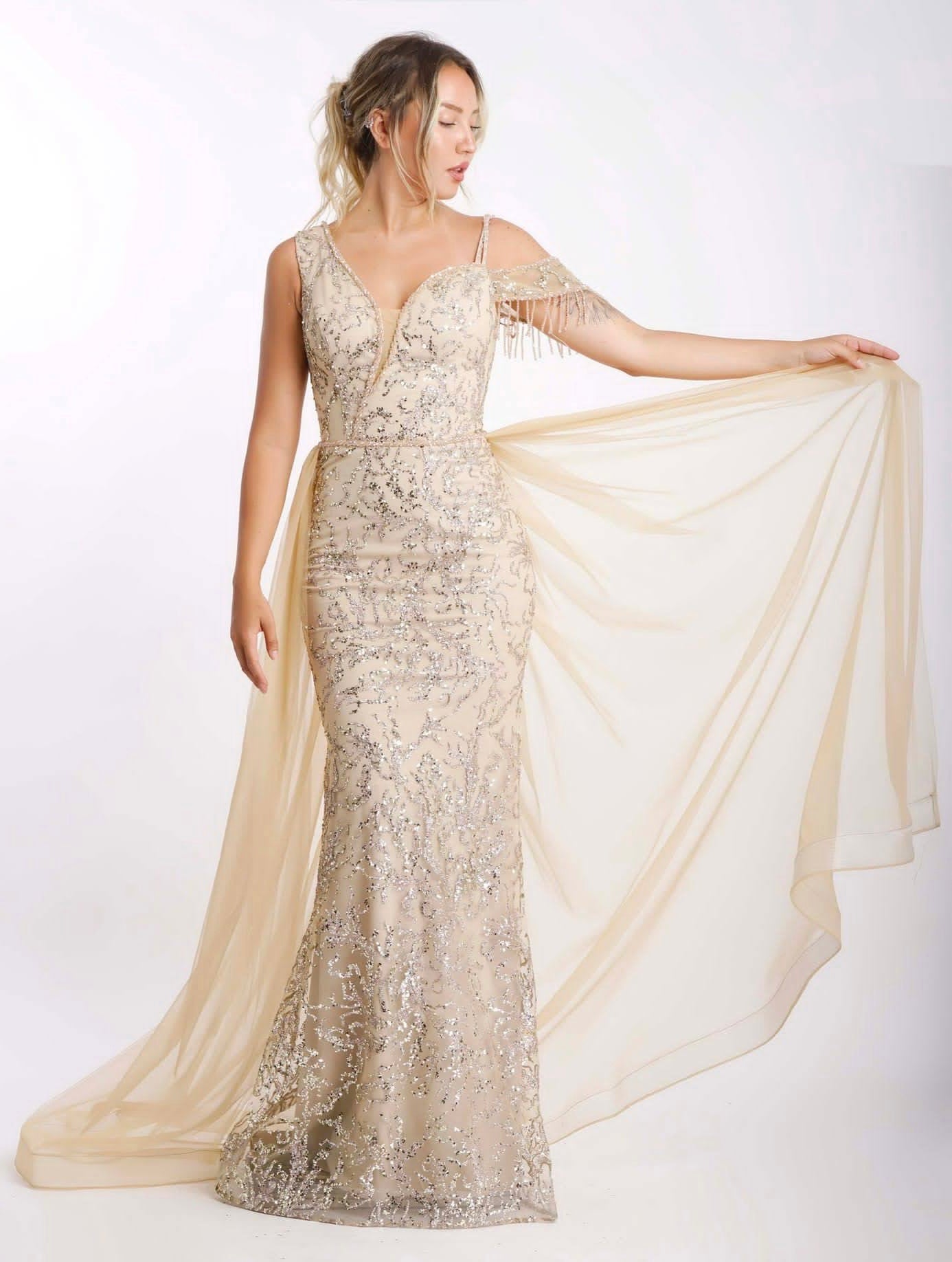 Abendkleid M177 – Tüll und figurbetonte Passform in Gold – Ansicht 3 | Lamia Mode