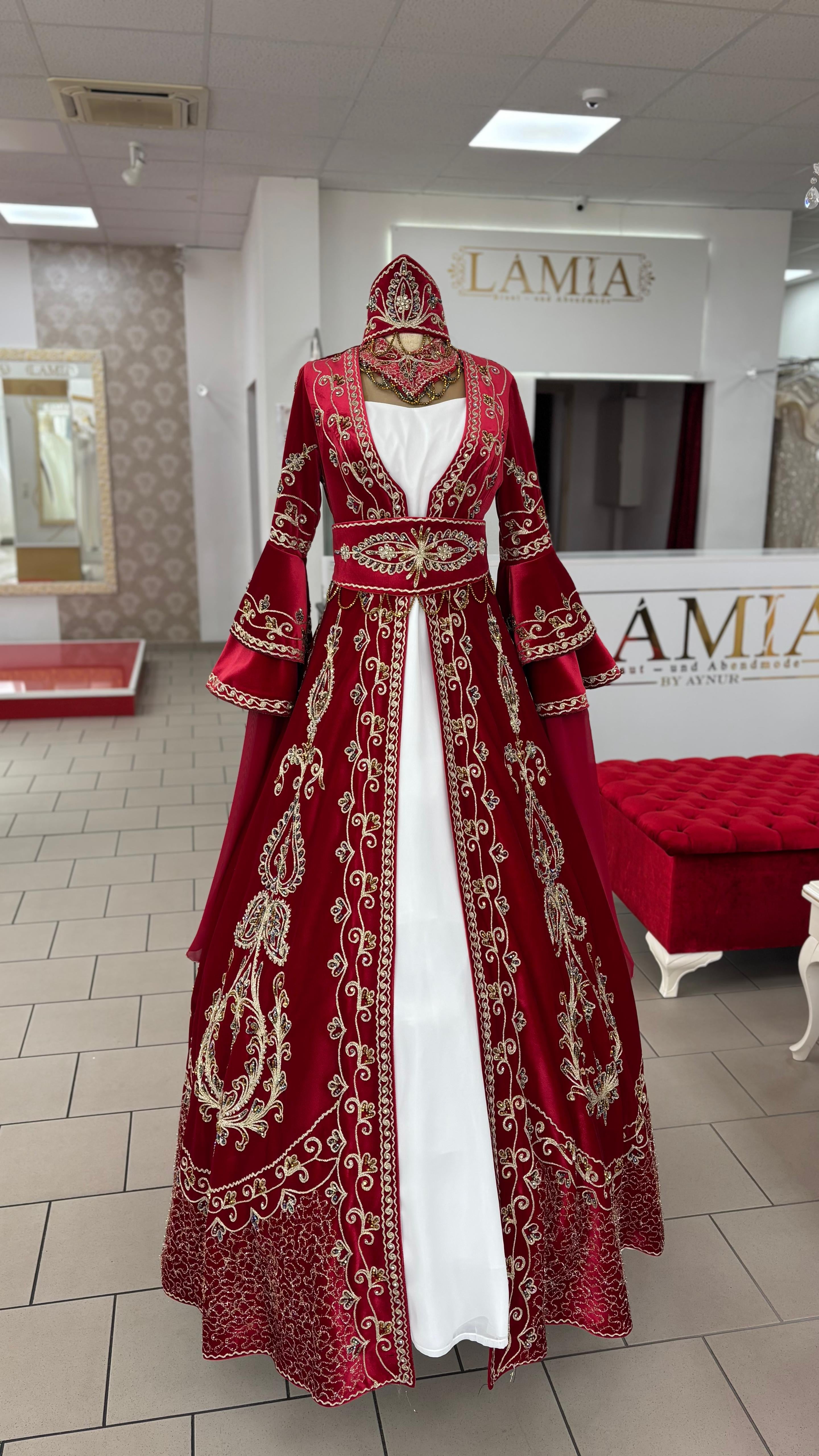 Kaftan „Destan“ – Luxus Bindallı Set in Rot (4-teilig) mit Goldstickerei