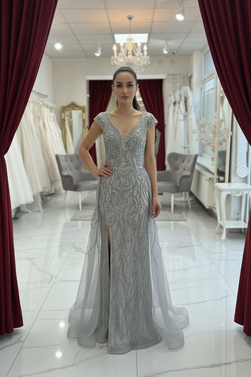 Elegantes Abendkleid mit feiner Stickerei & softem Tüllüberwurf / C4975