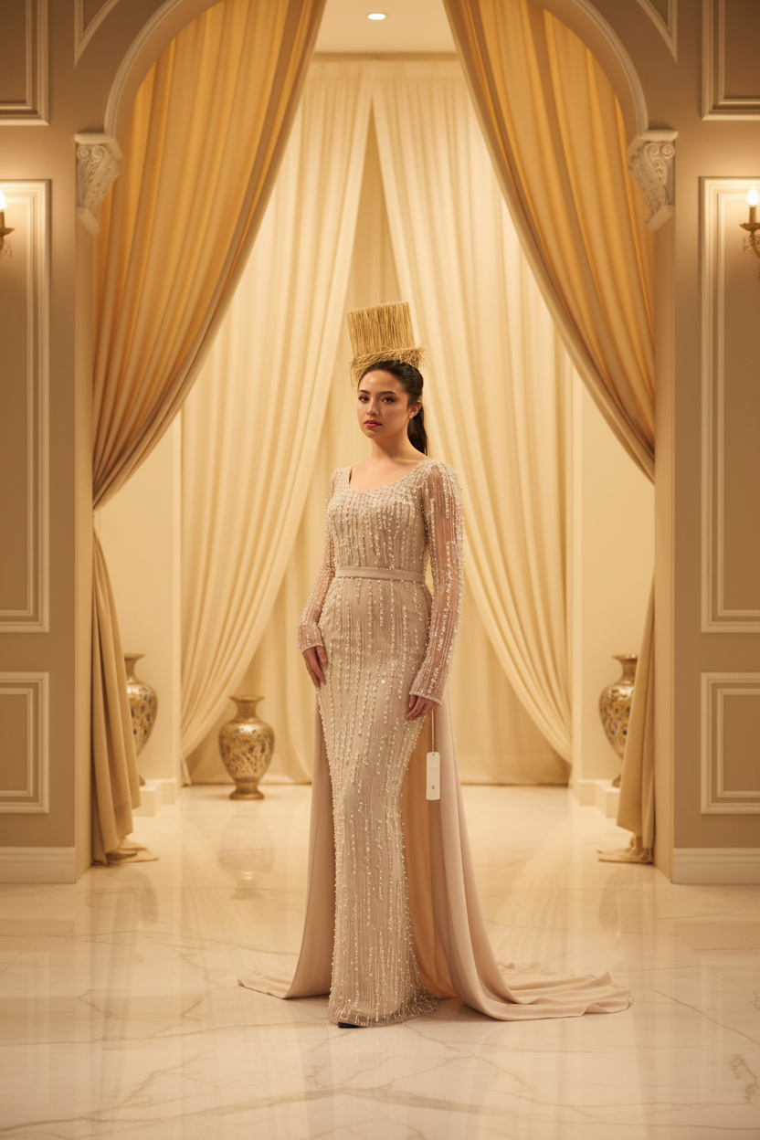 Standesamtkleid R7443 – Drapiertes Kleid mit Perlenärmeln & abnehmbarer Schleppe