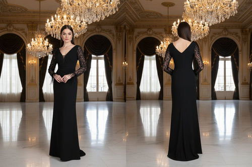Abendkleid Elegantes Abendkleid mit Spitzenärmeln & Drapierung – C5895 in Blau – Ansicht 1 | Lamia Mode