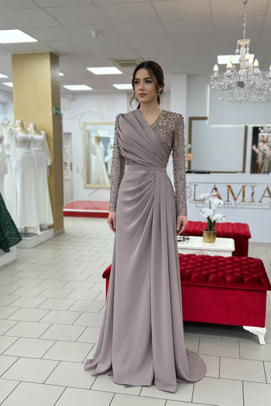 Drapiertes Kleid mit Perlenärmeln & V-Ausschnitt -R7443