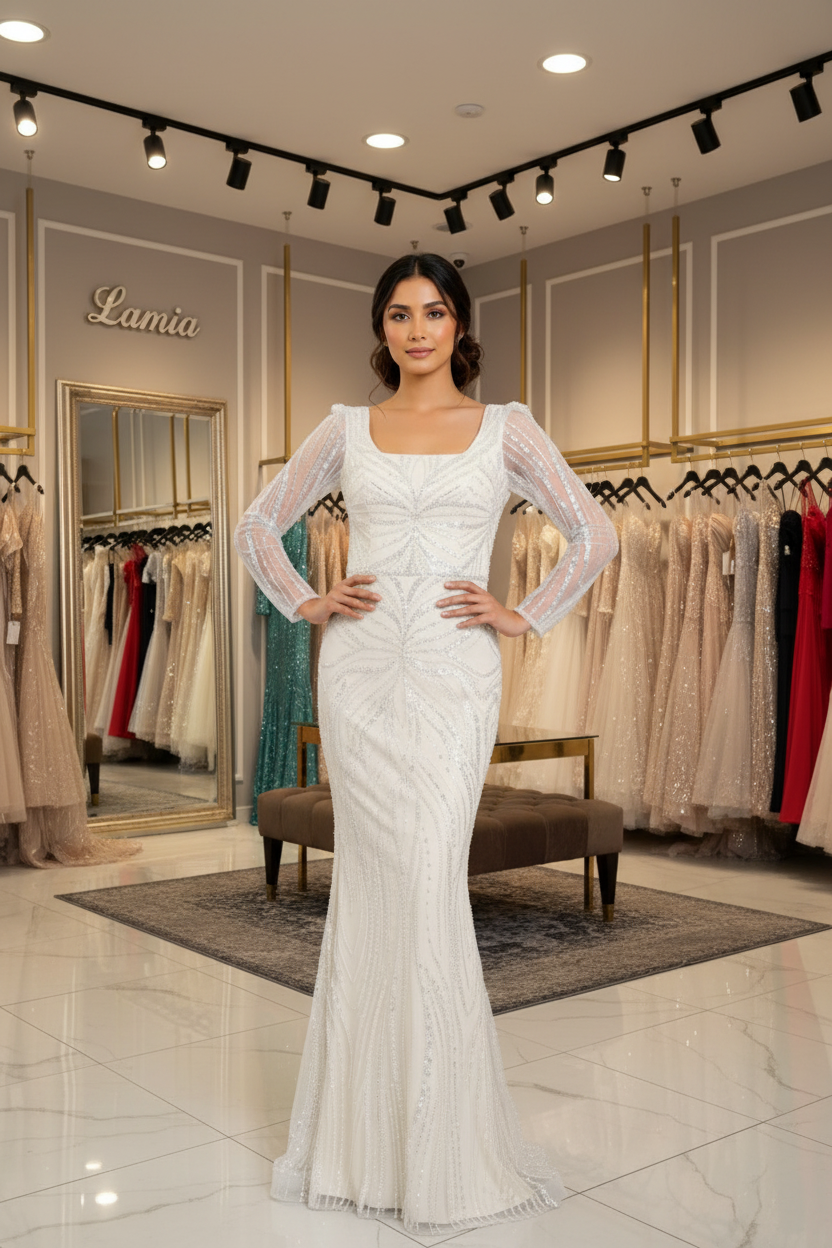 Abendkleid mit Perlenstickerei & langen Ärmeln – Modell M270