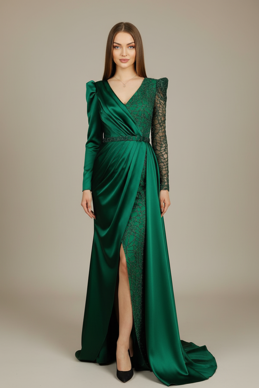 Abendkleid FM6558 – Satin und figurbetonte Passform in Grün – Ansicht 1 | Lamia Mode