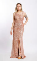 Abendkleid M160 – Prinzessinnen-Silhouette und Beinschlitz in Kupfer – Ansicht 1 | Lamia Mode