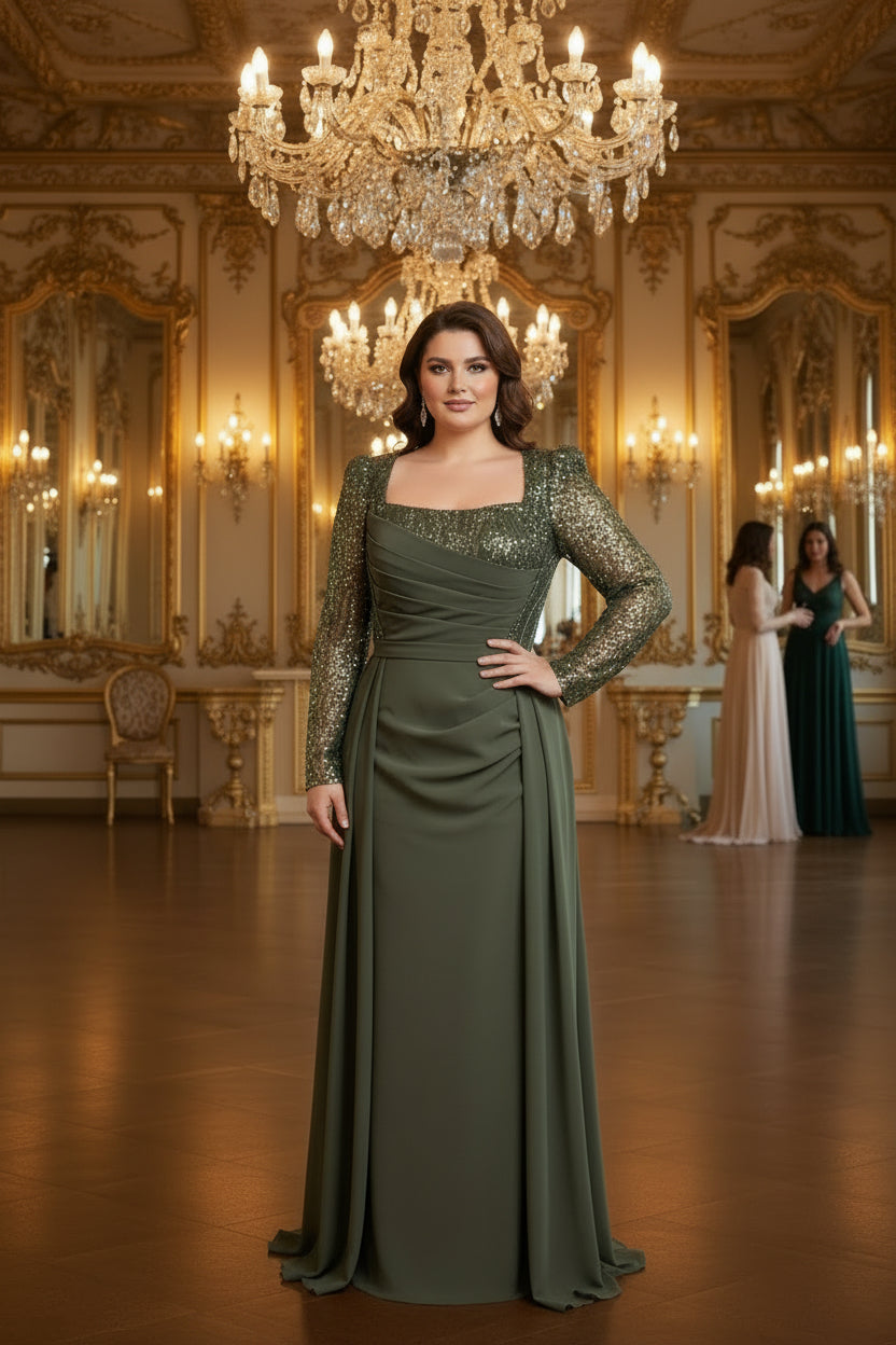 Abendkleid mit Paillettenärmeln & Drapierung – Modell G8520