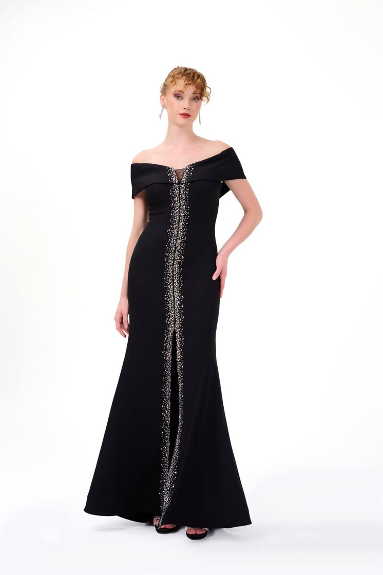 Abendkleid Elegantes Off-Shoulder-Abendkleid mit Strasslinie – C5950 in Blau – Ansicht 3 | Lamia Mode