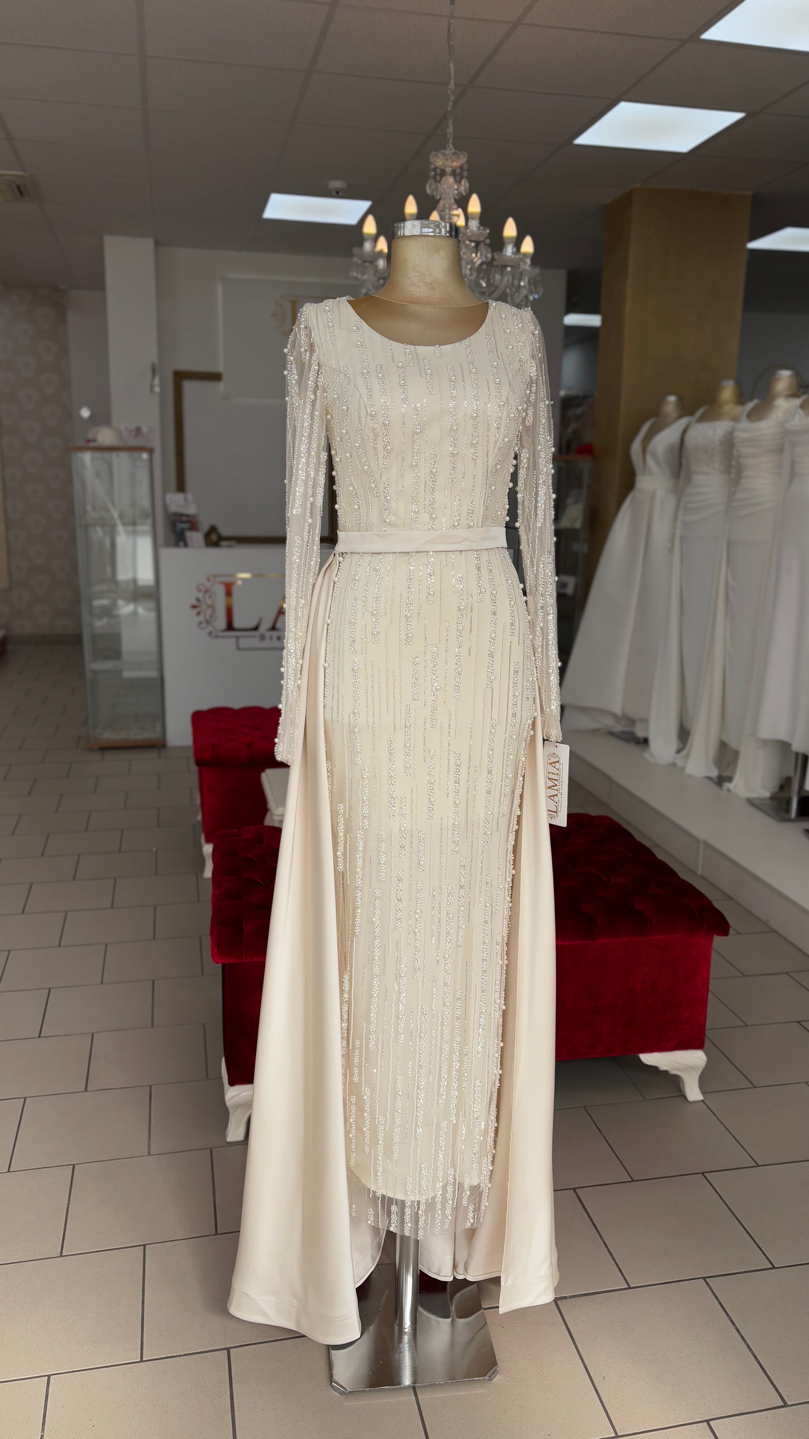 Champagner | Perlen & Pailletten | Abnehmbare Schleppe