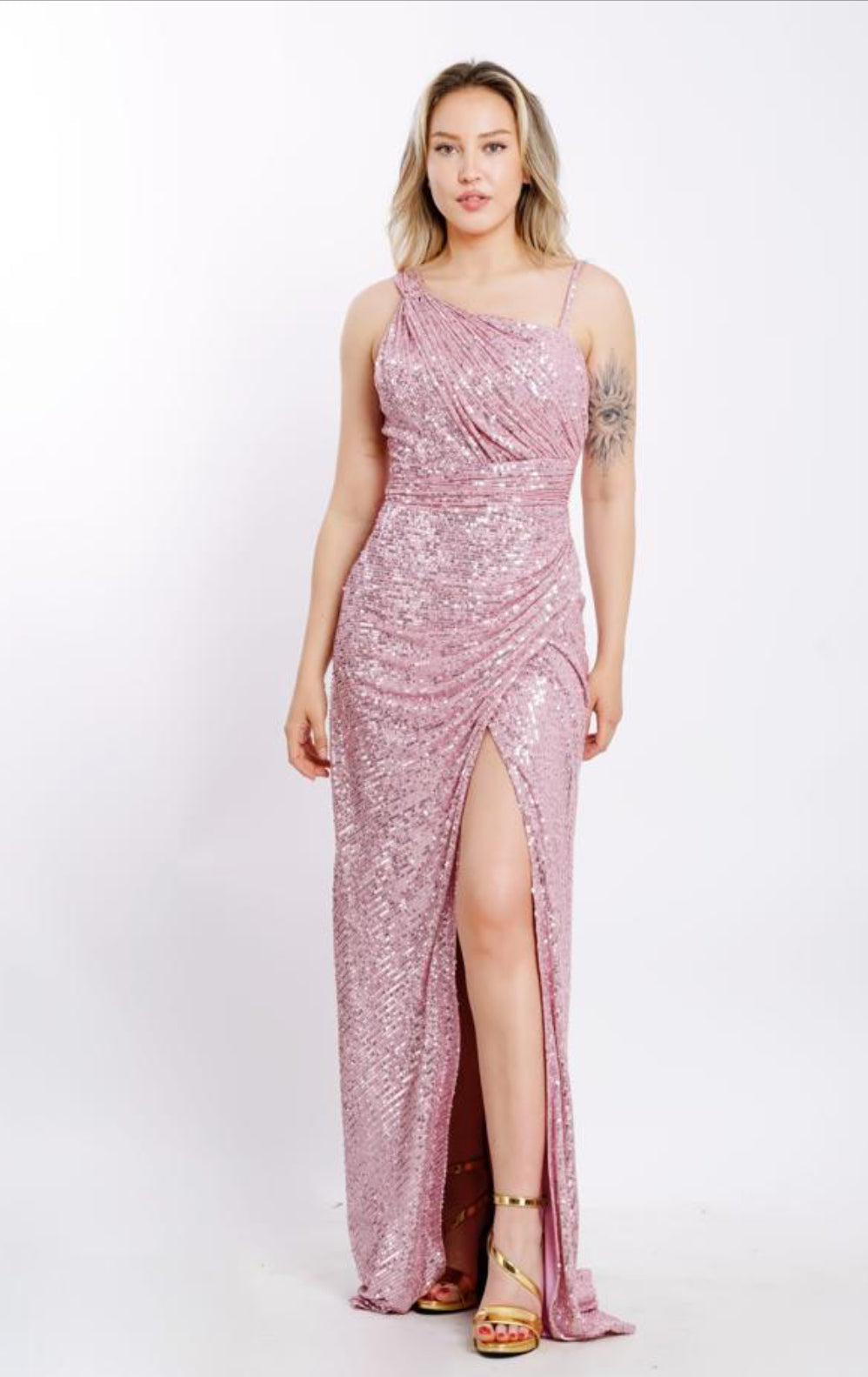 Abendkleid M160 – Prinzessinnen-Silhouette und Beinschlitz in Puder – Ansicht 4 | Lamia Mode