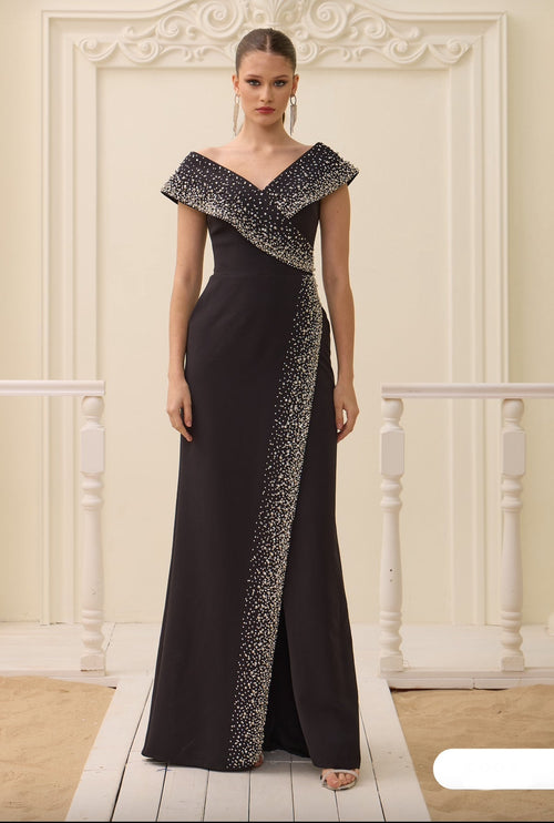 Abendkleid Elegantes Abendkleid mit Beinschlitz & Schmuckapplikation – C5993 in Blau – Ansicht 1 | Lamia Mode