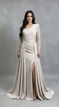 Drapiertes Standesamtkleid mit Perlenärmeln & V-Ausschnitt -R7443