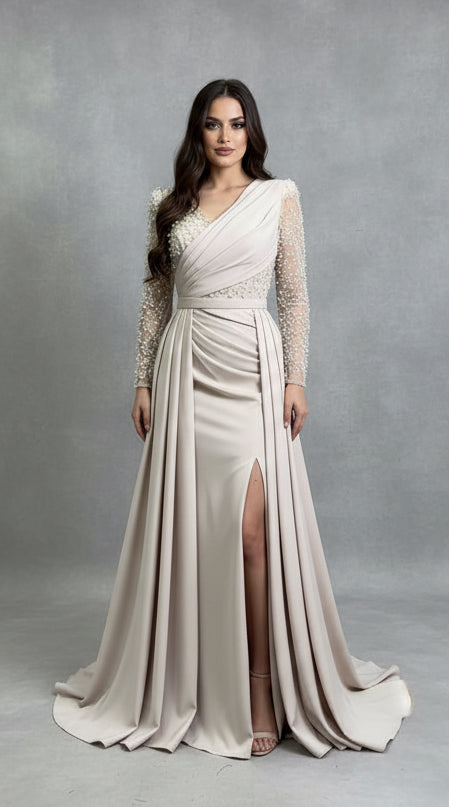 Drapiertes Standesamtkleid mit Perlenärmeln & V-Ausschnitt -R7443