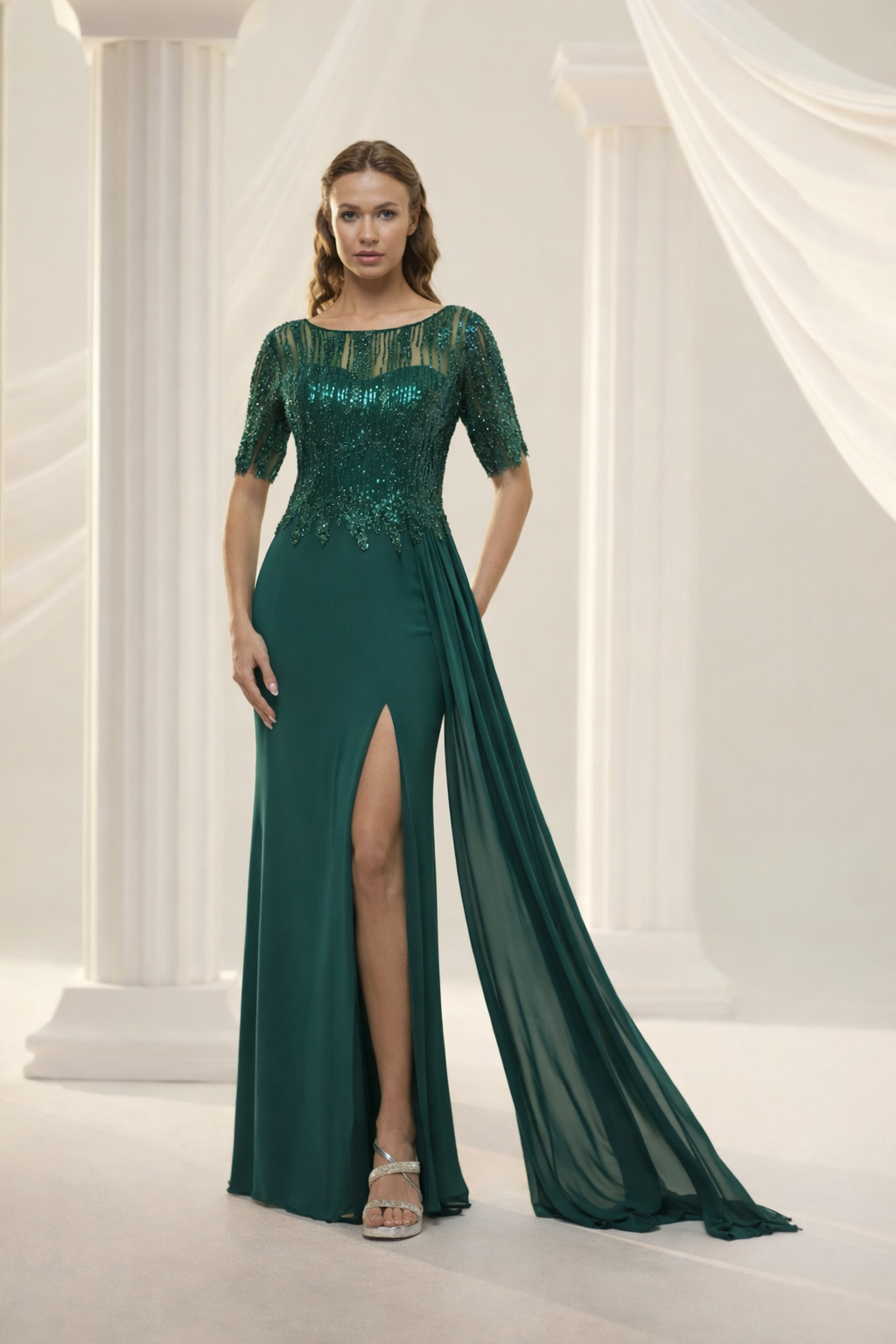 Abendkleid mit Paillettenoberteil & Beinschlitz – Modell FK590