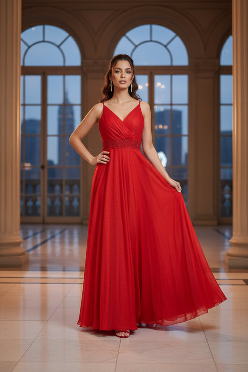 Abendkleid Elegantes Glitzerkleid mit Zierband in der Taille – FK3306 in Tornado-Rot – Ansicht 1 | Lamia Mode
