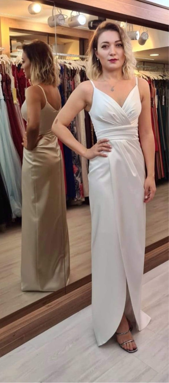 Standesamtkleid H396 – Satin und Beinschlitz in Creme – Ansicht 1 | Lamia Mode