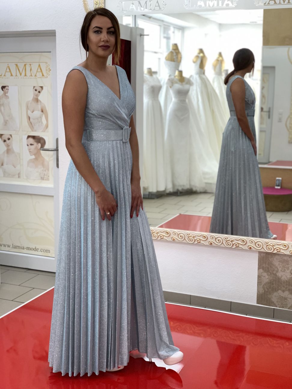 Plissiertes Abendkleid mit V-Ausschnitt und Gürtel FK3501