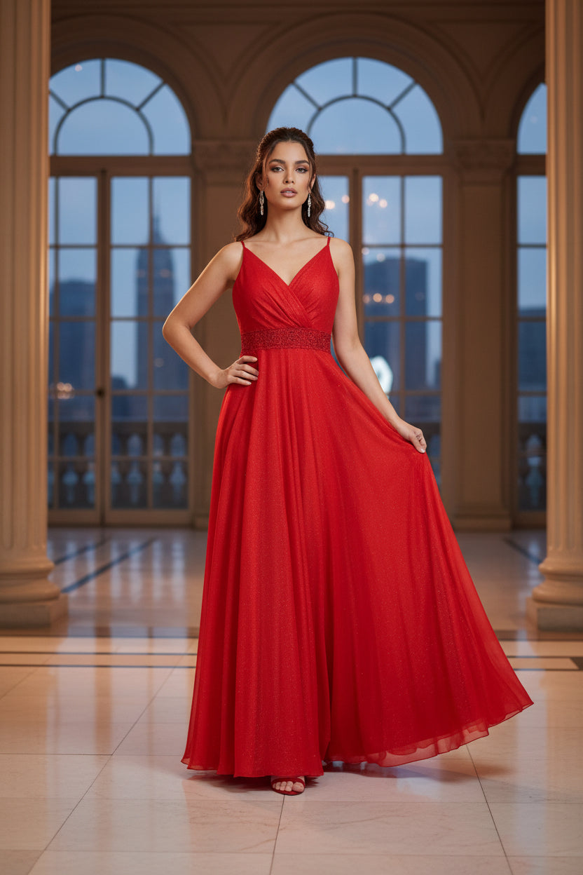 Elegantes Glitzerkleid mit Zierband in der Taille / FK3306
