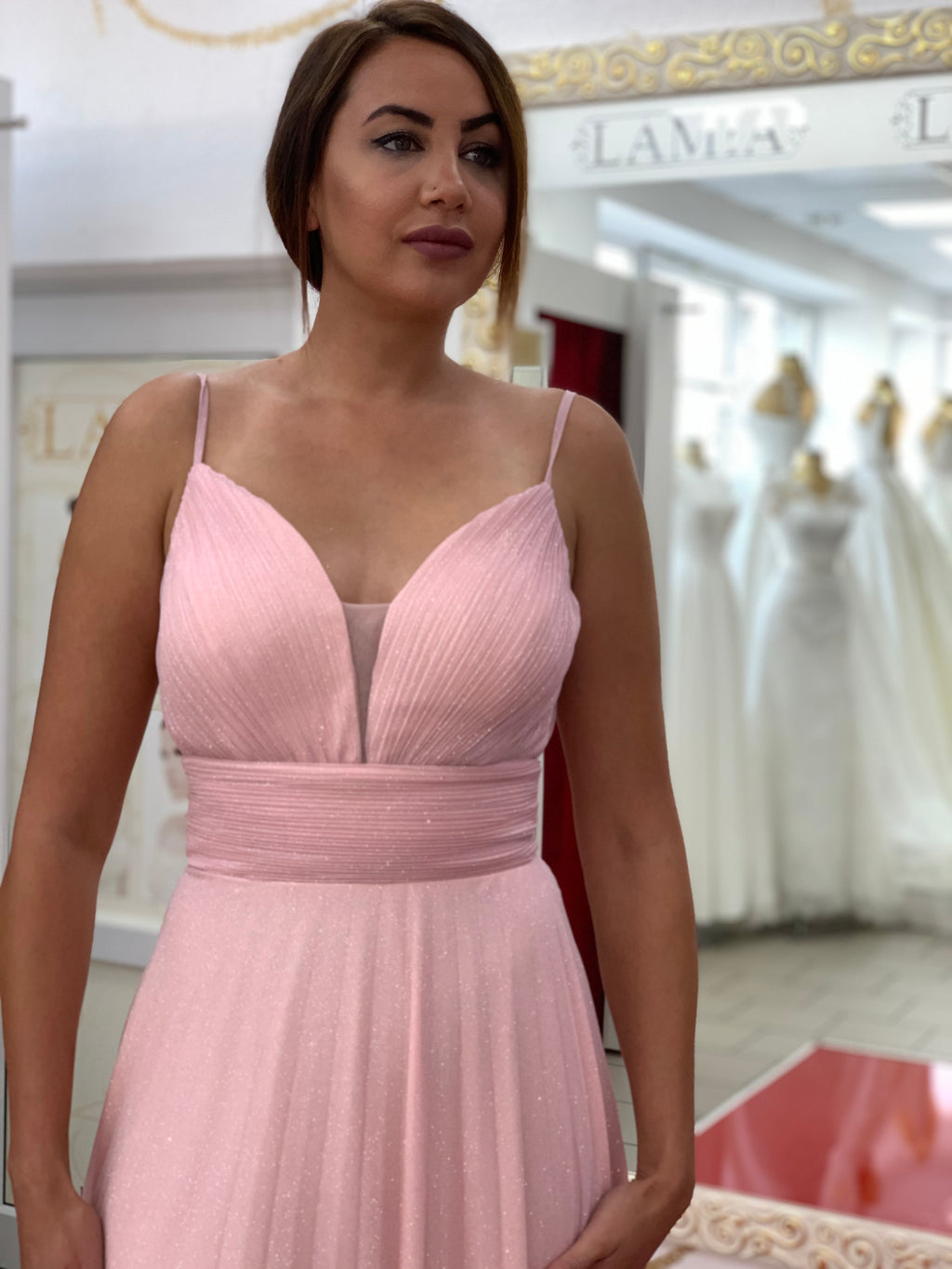 Plissiertes Abendkleid mit V-Ausschnitt & Glanzoptik FK3508